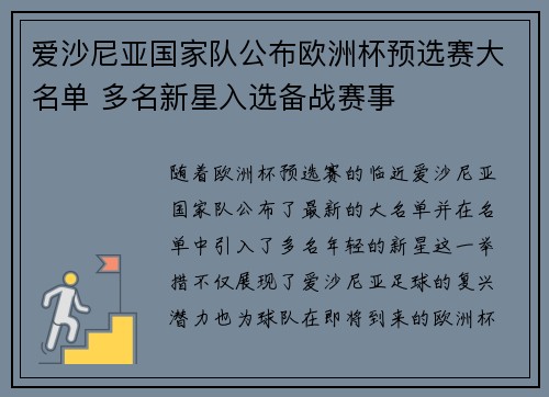 爱沙尼亚国家队公布欧洲杯预选赛大名单 多名新星入选备战赛事