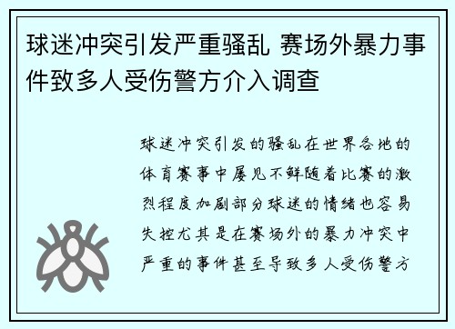 球迷冲突引发严重骚乱 赛场外暴力事件致多人受伤警方介入调查